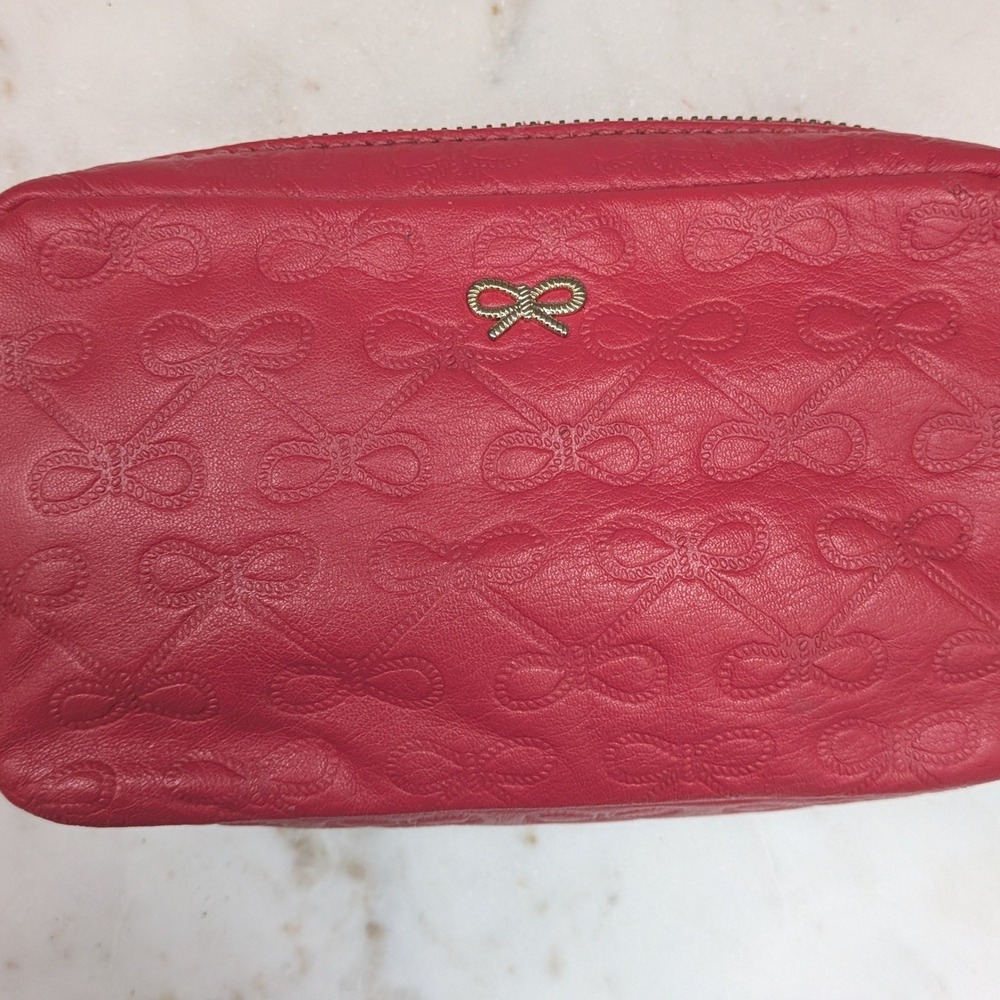 Anya Hindmarch Pink Embossed Bow Leather Cosmetic Makeup Bag Tassel Pouch Clutch - Picture 5 of 6